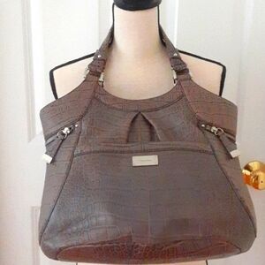 Calvin Klein Gray Leather Crocodile Embossed Hand Bag